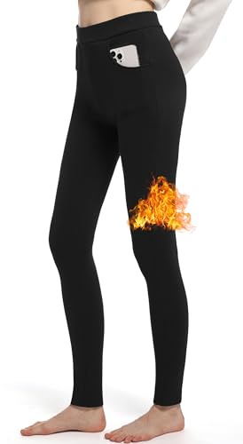 LYRIKER Thermo Leggings Gefüttert Damen Winter Fleece Thermoleggings aus Baumwolle Thermoleggins mit Taschen Schwarz XL-XXL