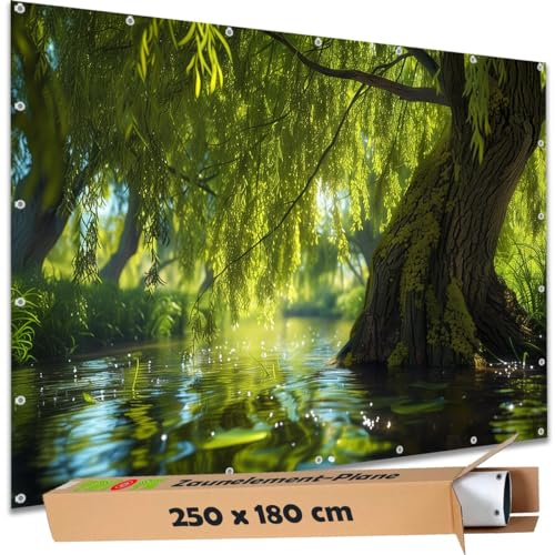 TRIOSK Sichtschutz Garten Deko Zaun Plane Blickdicht groß mit Zaunblende Motiv Uferweide Fluss Wasser Baum Bach für Zaunelement Doppelstabmatten Stabmattenzaun Gartenzaun PVC 250x180 cm