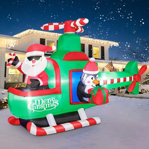 195CM Weihnachten Aufblasbar LED, Weihnachtsmann im Grün Hubschrauber Pinguin, 6.5FT Weihnachts Dekoration Aufblasbar Innen/Außen, Weihnachtsdeko Beleuchtet Garten, Weihnachten Deko für Hof und Rasen