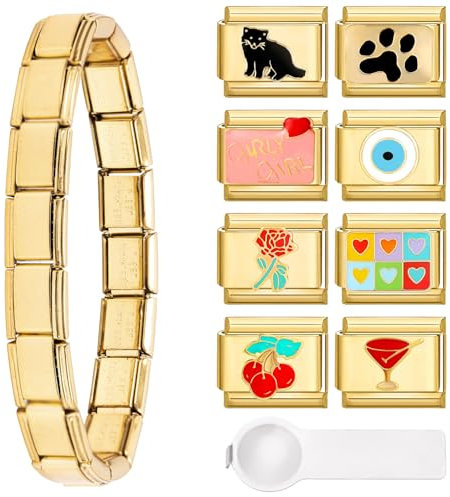 Kunoli Bracelet à breloques italien en or, bracelet à breloques avec 8 breloques italiennes en or, modules amovibles DIY de 9 mm pour bracelets italiens (B)