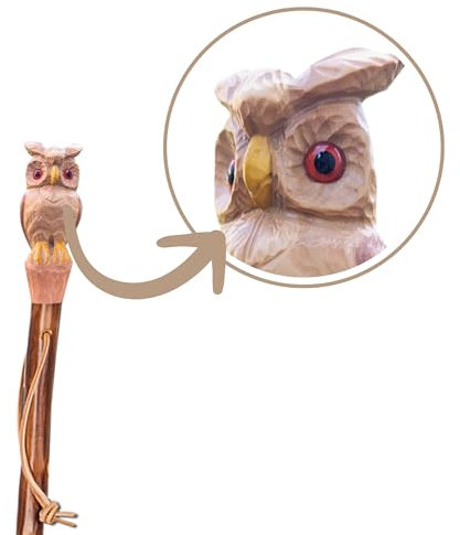 Wanderstock Holz, geschnitzten Kopf von einer Eule, Wunschgravur „GRAVUR BIS ZU 15 ZEICHEN IM PREIS ENTHALTEN“, 98-170 cm