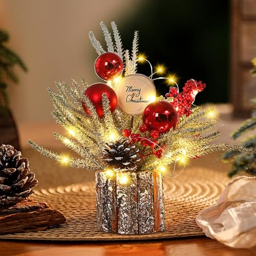 LED Weihnachtsbaum Deko,37CM Kleiner Weihnachtsbaum mit Beleuchtung Kleiner Tannenbaum Künstlich mit Tannenzapfen Beere Weihnachtsbaum Holz Weihnachtsgesteck für Tischdeko Weihnachten Deko (A)