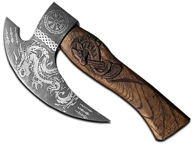 NovahavenHandcrafted Viking Pizza Axe - Carbon Steel Blade with Dragon Engraving & Ash Wood Handle - Sharp, Durable, Unique Pizza Cutter with Artisan Design (Gold)