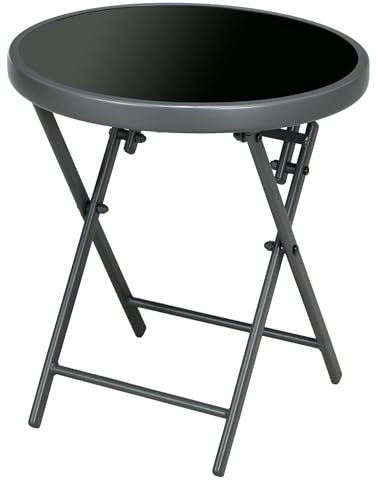 Outsunny Table Basse Pliante, Table d'appoint Pliante, Plateau en Verre trempé, Structure en Acier, Table de Jardin, Ronde de 45cm, pour Patio Balcon Jardin, Noir