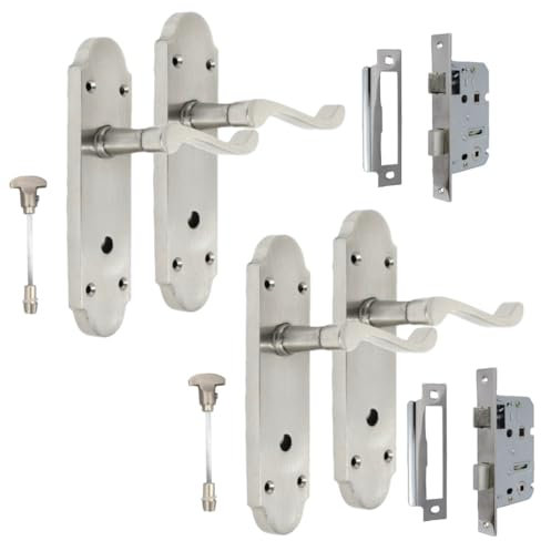 Epsom Door Handle Bathroom Handle - Victorian Scroll Style Satin Nickel Finish Brass Material Lever Handle Type Sash Lock 2 Pair 170mm x 42mm