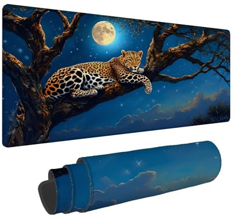 Tappetino Mouse Luna Tappetino Mouse XXL 900x400x4mm Mouse Pad Gaming Leopardo Tappetino Scrivania Grande Impermeabile, con Bordo Cucito Base in Gomma Mousepad per Computer e Computer Portatili A-39