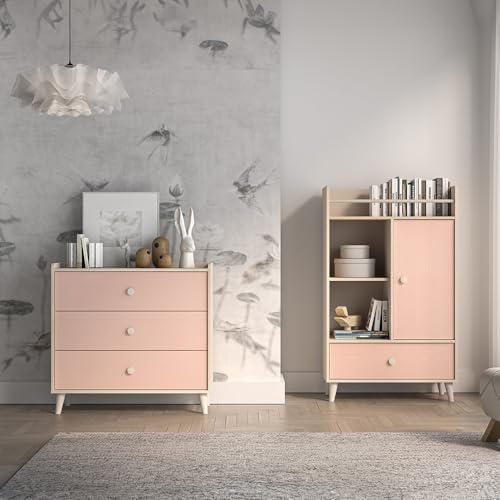 Lomadox Jugendzimmer Set 2-teilig in Sandbeige mit rosa fühlbare Holzstruktur Kommode Sideboard Schrank Schubladenkommode Regal Softclose