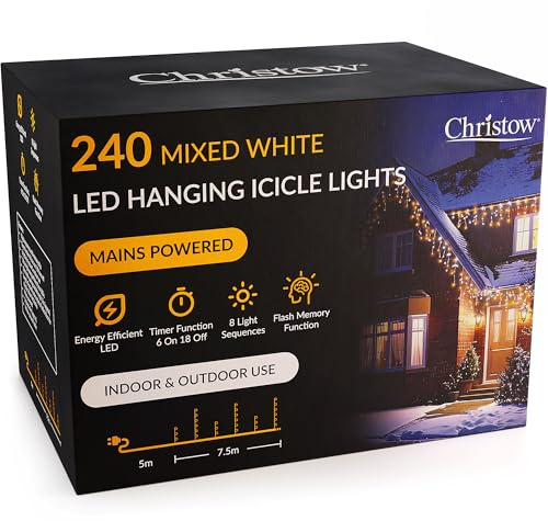 CHRISTOW Hanging Icicle Christmas Lights, 240 Mixed White LEDs, 7.5m Lit Length, Indoor & Outdoor, Mains Powered with Timer, 8 Light Sequences with Memory, Icicle Fairy Lights