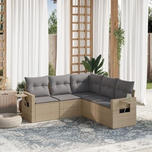 QJBSAVVA Gartenmöbel Set 5-TLG Beige Poly Rattan Ecksofa 62x62x69 cm klappbare Ablagen Sitzgruppe Outdoor mit Kissen platzsparend für Balkon Terrasse Wohnzimmer
