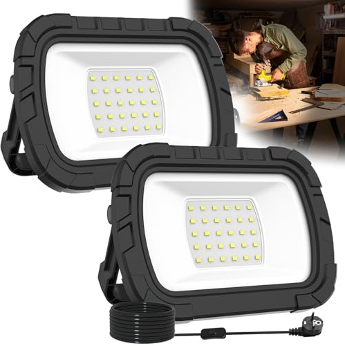 CORESLUX 2 Pièces Projecteur LED Rechargeable 30W, Projecteur LED Chantier Portable avec prise et câble de 1.8M, Lampe de Travail Chantier 6500k avec crochet pour Camping, Chantier, Garage, Atelier