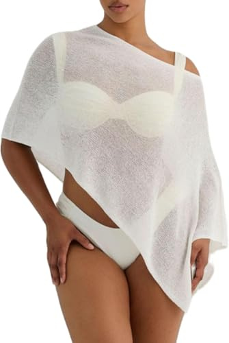 ensswliz Sheer Poncho for Women Asymmetric Knitted Crochet Lace Batwing Wrap Summer Lightweight One Shoulder Boho Beach Vacation Cover Up (A-White, M)