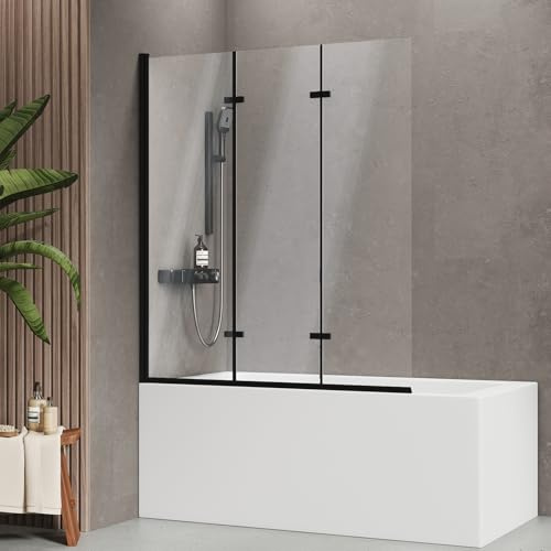 EMKE Faltbare Duschwand für Badewanne 120x140 cm, 3-teilig, Schwarz | 6 mm ESG Glas, 180° Schwenkbar, Hebe-Senk, Leicht zu Reinigen, Alurahmen, Badewannenaufsatz, Duschabtrennung