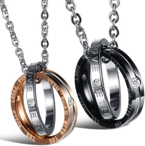 JewelryWe Schmuck Edelstahl Verliebte Paar Halskette Doppelt Ring Anhänger mit Gravur für Sie und Ihn