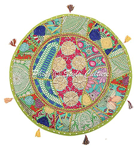 Stylo Culture Ethnisch Rund Bodenkissenbezug Boho 55 x 55 cm Dekorativ Stuhlkissen Vintage Papagei grün Bohemien Patchwork Seat Lounge Baumwolle Bestickt Bodenkissen Sitzkissen