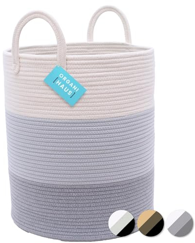 OrganiHaus Cesto de Ropa Sucia 38x45cm, Cesta de Almacenaje Plegable, Cesto de la Colada de Cuerda de Algodón, Cesta Alta Organizadora de Juguetes Infantil, Cesto Guarda Mantas, Gris