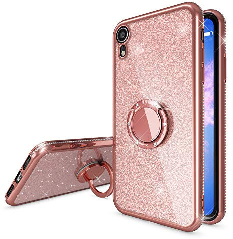 NALIA Coque avec Bague Compatible avec iPhone XR, Paillettes Bling Housse Mince 360 Degrés Rotation Ring Stand, Fine Silicone Protection Cover Etui Bumper Slim Gel Case Souple, Couleur:Rose Gold Or