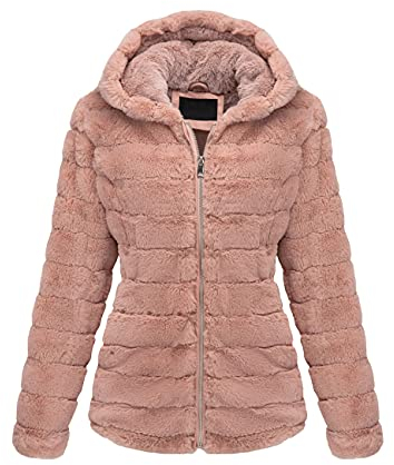 BELLIVERA Manteau en Fausse Fourrure pour Femme, Automne Hiver Chaud Polaire Floue Courte Veste à Capuche Pelucheux Shaggy Pardessus 1801 Rose L