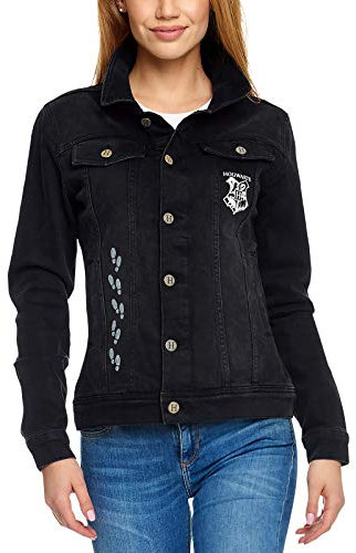 Elbenwald Harry Potter Jeansjacke Karte des Rumtreibers Rückenprint und Hogwarts Emblem auf der Brust Knopfverschluss für Damen schwarz - L