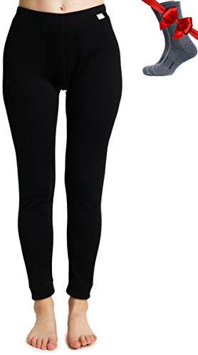 Merinowolle Thermounterwäsche Damen - Merino Unterhose Damen Merino Leggings + Wollsocken (Large, Black)