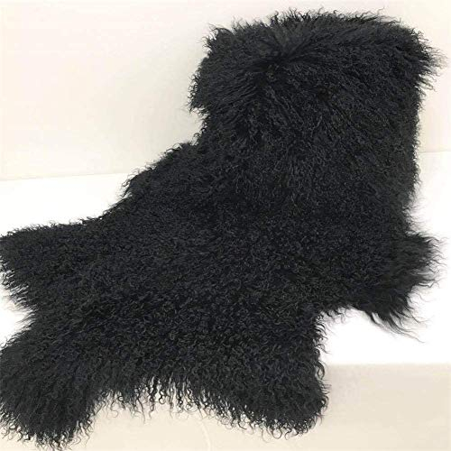 Echtes tibetisches/mongolisches Lammfell, Schaffell, Überwurf, Teppich, Teller, Wolle, Teppich, echtes Schaffell, für Schlafzimmer, Wohnzimmer, 90 x 60 cm, Schwarz