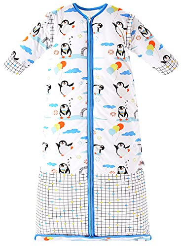 Chilsuessy Winter 2.5 Tog Kinder Schlafsack mit abnehmbaren Ärmeln Bio Babyschlafsack für Jungen und Mädchen von 1 bis 10 Jahre alt, Blau Pinguin, XL/Koerpergroesse 130-150cm