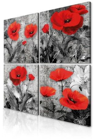 decomonkey - Impression sur Toile Intissé Fleurs Abstrait 60x60 4 Pièces - Tableau Décoration Appartement Cadre en Bois Photo Déco Salon Peinture sur Toile Maison Coquelicot fleurs nature plantes