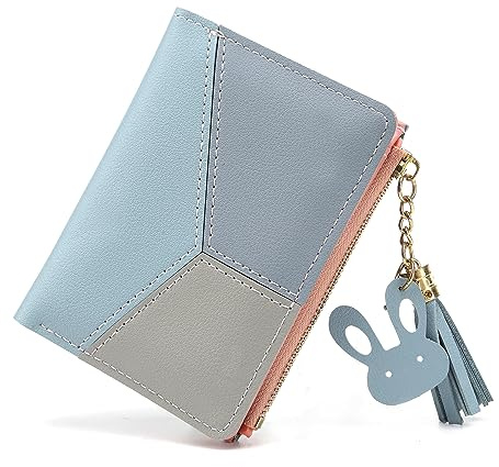Small Wallets for Women,CHAOFANXI Tassels PU Leather Coins Zipper Pocket Purse for Girls with Rabbit-Shaped Metal Tassels Pendant Purse (Blue)