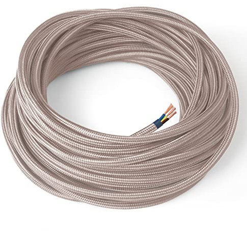 Amarcords - Câble électrique textile couleur ROSE POUDRÉ, rond, soie, 20 mètres, avec mise à la terre 3x0,75 - Fil vintage en tissu coloré, pour lampes, lustres, appliques et abat-jours.