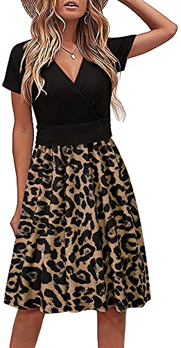 STYLEWORD Damen Sommerkleid Kurzarm V-Ausschnitt Kleider Blumenmuster Kleid Strandkleid Mit Taschen(floral03,Mittel)