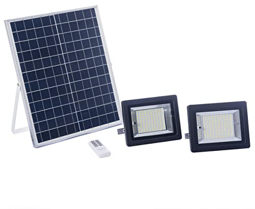 ELEDCO Focos Solares LED 100W, Luz Exterior Doble con Panel Solar, Batería, Mando a Distancia, Autonomía 8-15 Horas (2 Focos, Luz Neutra 4000K)