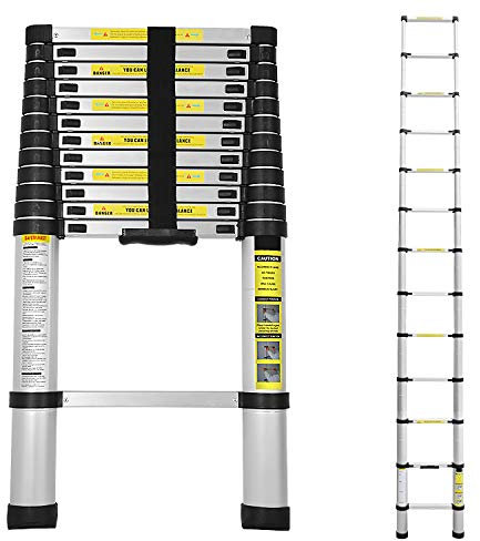 Cecaylie Escalera telescópica de Aluminio, 3,8 m, Extensible, Antideslizante, Multiusos, Escalera telescópica Extensible, 150 kg de Carga
