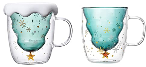SMEXXY 2 x Weihnachtsbaumbecher, niedliche Weihnachts-Kaffeetasse, Teetasse, Milchbecher, doppelwandiger Glasbaumbecher mit Deckel und Griff für Paare, Glas, Kaffeetassen