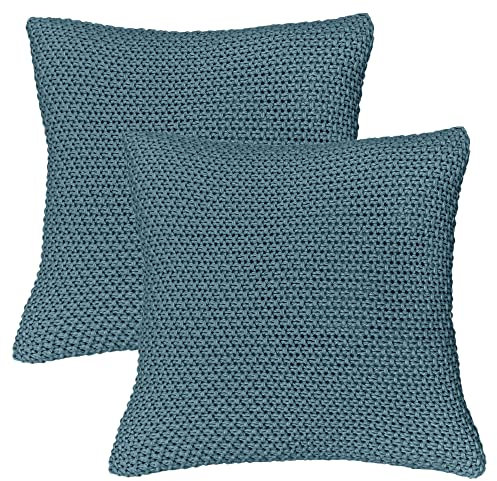wometo 2er Set Kissenbezüge Strick 45x45 türkis - Reißverschluss Oeko-TEX Sofakissen Dekokissen warme weiche Kissenhülle mit edlem und schlichtem Strickmuster