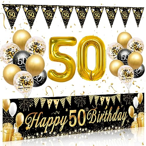 50.Geburtstag Deko Mann Frau, 50 Happy Birthday Banner Schwarz Gold, Luftballons 50 Geburtstags Girlande Wimpel, Deko 50. Geburtstag Hintergrund Ballons Schwarz Gold für 50 Geburtstags Männer Frauen