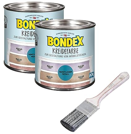 Bondex 2er-Set Kreidefarbe 0,5 L Gemütliches Petrol mit Flachpinsel | Möbelfarbe für den Innenbereich | Leichte Verarbeitung für kreative DIY-Priojekte | Vintage-Look | Shabby-Chic