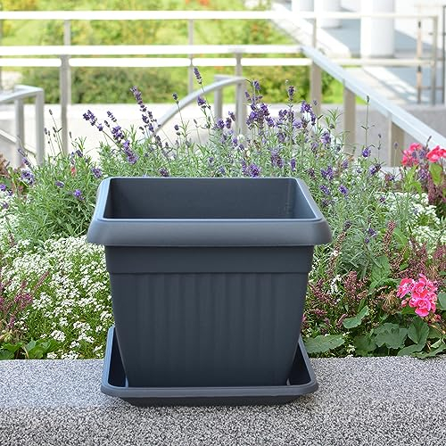 KAGM Quadratischer Blumenkübel Blumentopf Pflanztopf in Anthrazit - 24cm x 24cm | H = 20cm / mit Untersetzer
