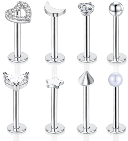 Gojewen 8stk Lippenpiercing Labret Stecker 10mm Edestahl 16G Piercing Helix Tragus Cartilage Medusa Lippe Silber Herz Stern