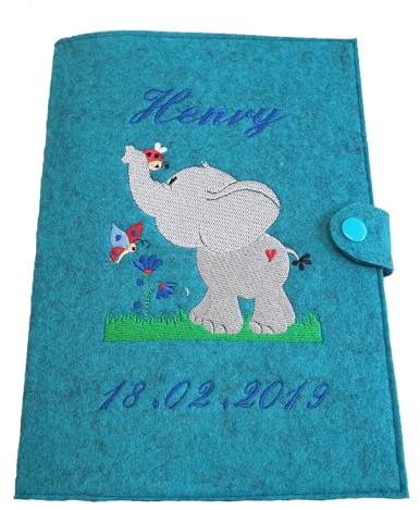 U-Heft Hülle Filz mit Name und Datum Elefant (Pflaume)