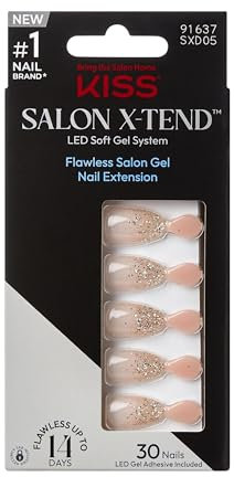 KISS Salon X-tend, ongles à presser, colle à ongles incluse, « satellite », argent clair, taille courte, forme cercueil, 30 ongles, adhésif gel souple LED de 5 ml, 1 bâton de manucure, 1 mini lime
