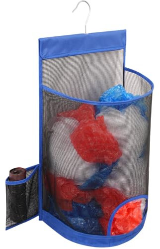 ALYER Hanging Mesh Grocery Bag Holder,Plastic Garbage Bag Dispenser Organizer with Hanger for Kitchen Cabinet Bathroom Laundry,Installation Free (Blue, 17.7 H * 10.6 W * 10 D)