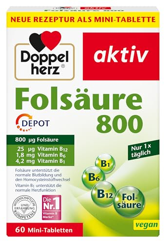 Doppelherz Folsäure 800 DEPOT - Mit Vitamin C + B-Vitamine zur Unterstützung der normalen Funktion des Immunsystems - VEGAN - 60 Mini-Tabletten