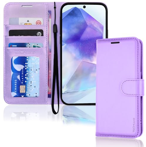TECHGEAR Galaxy A55 5G Étui portefeuille en cuir synthétique à rabat [blocage RFID] avec porte-cartes, support et dragonne, lilas PU cuir avec fermeture magnétique pour Samsung A55 5G