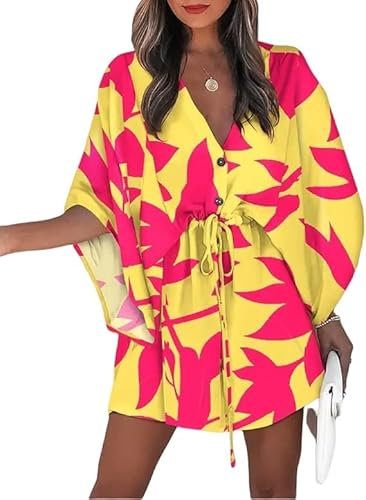 Frauen Sommer Twist Knoten Tshirt Kordelzug Casual V-Ausschnitt Mittelarm Kleid Sexy Taille Satin Wrap Club Party Mini Seide (Gelb,XL)