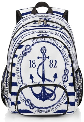 Rucksack mit Anker-Motiv, gestreift, großes Fassungsvermögen, Schulrucksack, mit Anker-Druck, Wandern, Reisen, lässiger Laptop-Tagesrucksack für Kinder, Jungen, Mädchen, Männer, Frauen, Blau / Weiß,
