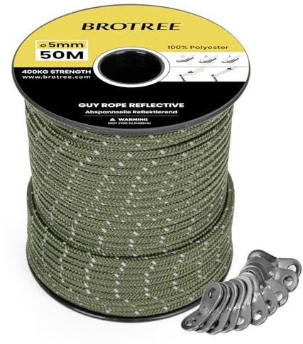 BROTREE Abspannseile Camping 50m Zeltschnur mit 10 x Spanner 5mm Reflektierend Abspannseile mit Seilspanner für Zelt Camping Sonnensegel Vorzelt (Militärgrün)
