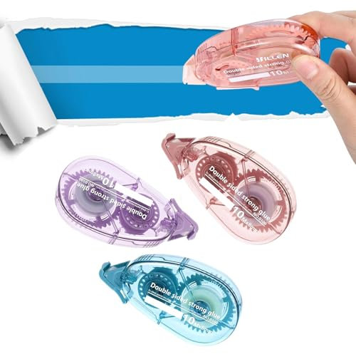 Rouleau de colle, 3 distributeurs de ruban adhésif double face, fournitures de scrapbooking, rouleau de ruban adhésif – Longue durée de 8 mm x 10 m pour l'école, la maison, les travaux manuels,