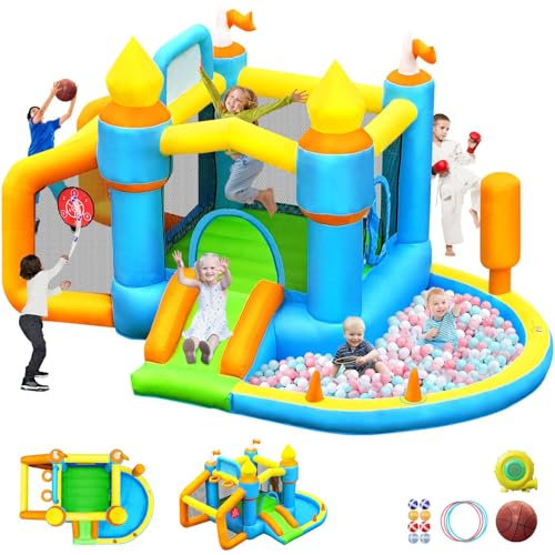 SportBob Castillo Hinchable para Niños Exterior Interior con Soplador, Tobogán, Piscina de Bolas, Salto, Campo de Fútbol y Canasta de Baloncesto, Adecuado para Niños de 3 a 8 Años, 385×258×220 cm