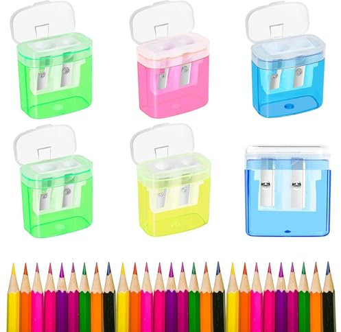 Catelves 6 Stück 4 Farben Anspitzer mit Behälter,Anspitzer Kinder, Bleistiftspitzer, Bunter Doppelloch-Bleistiftspitzer und Manueller Pencil Sharpener, Oval Spitzer für Schule Büro