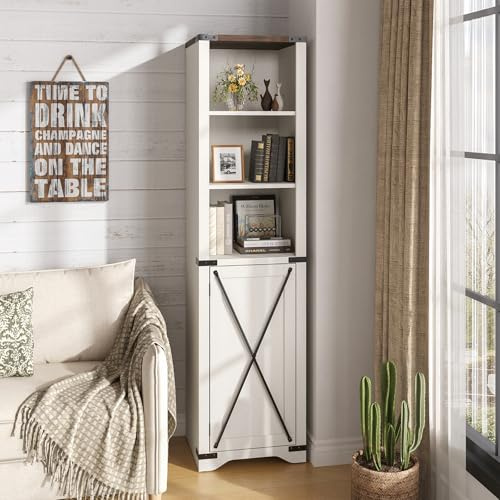 Libreria stretta con armadietto, libreria da fattoria con contenitore, scaffale aperto per esposizione, armadio da bagno alto 170 cm, scaffale per libri skinny a 5 ripiani per soggiorno, cucina e