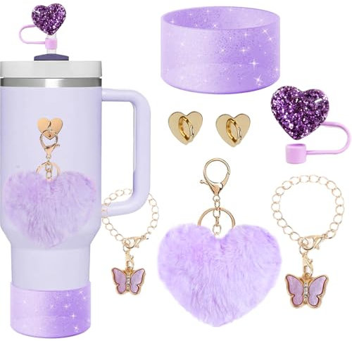 SDIDVIEXPERT Stanley Cup Accessories Set 6PCS Stanley Cup Decor Includes Silicone Boot Straw Cover caps Heart Butterfly Charm Keychain for Stanley Cup for Stanley Cup 30/40oz Tumbler(Purple)